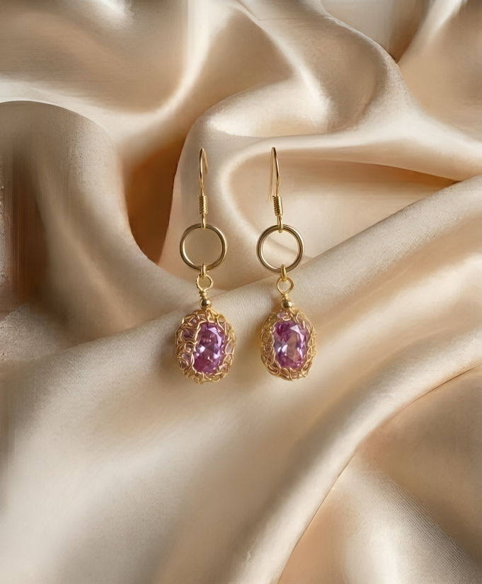 Luxury Gold Wire Wrapped Pink Zircon Drop Earrings for Women