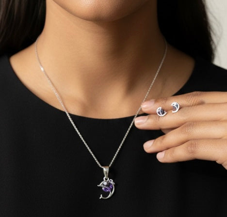 Dolphin Design Purple Stone Pendant & Earrings Set – Silver Finish