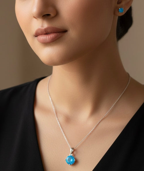 Elegant Blue Stone Pendant & Earrings Set – Silver Finish