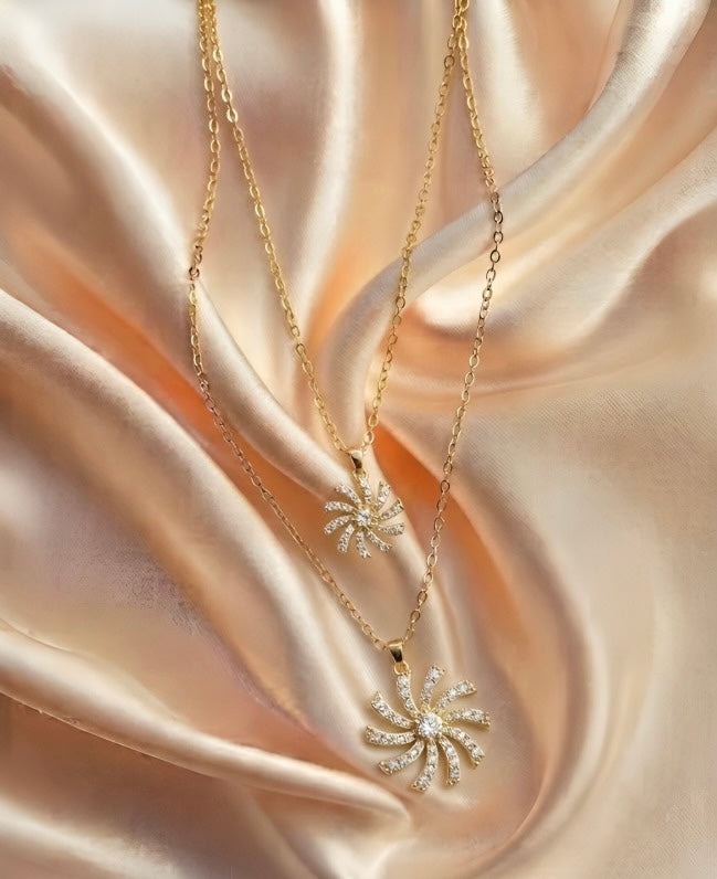 Luxury Double Layer Sunburst Crystal Necklace – Gold Finish