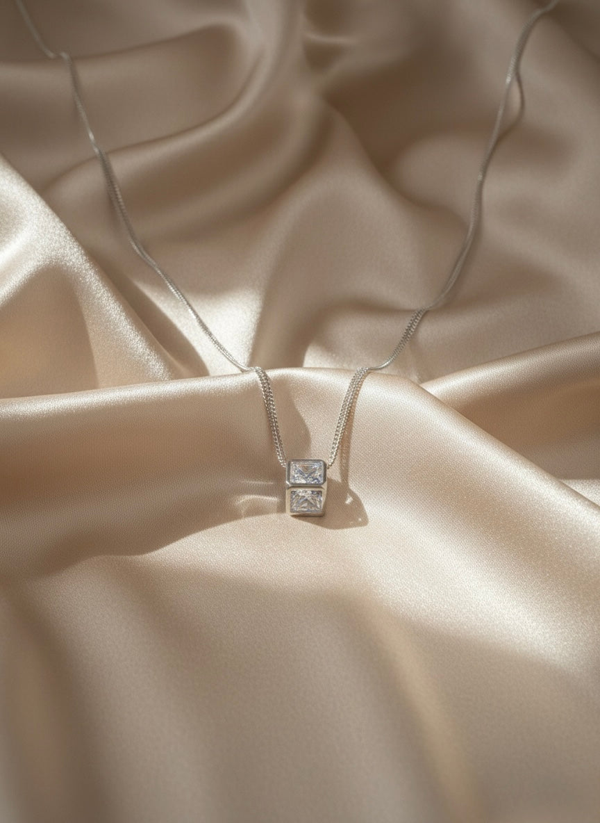 Minimal Square Crystal Pendant Necklace – Silver Finish