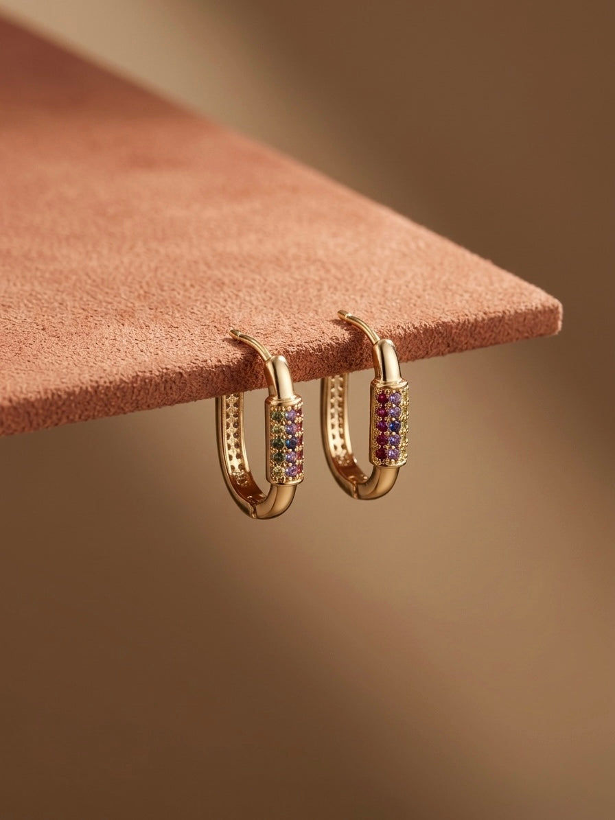 Luxury Gold Multicolor Stone Hoop Earrings for Women | Rainbow Zircon Hoops