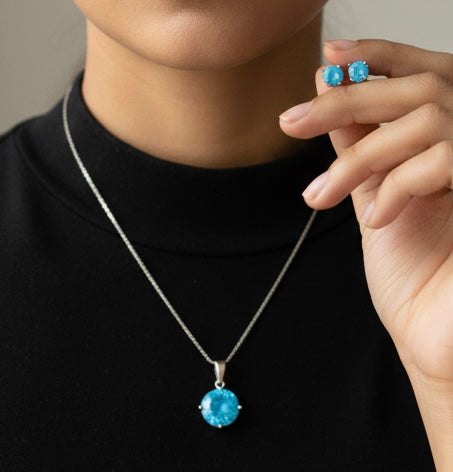 Elegant Blue Stone Pendant & Earrings Set – Silver Finish