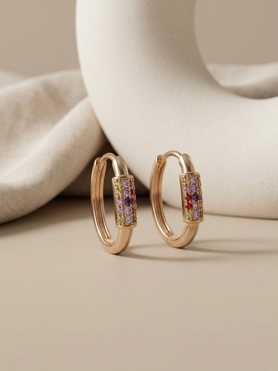 Luxury Gold Multicolor Stone Hoop Earrings for Women | Rainbow Zircon Hoops