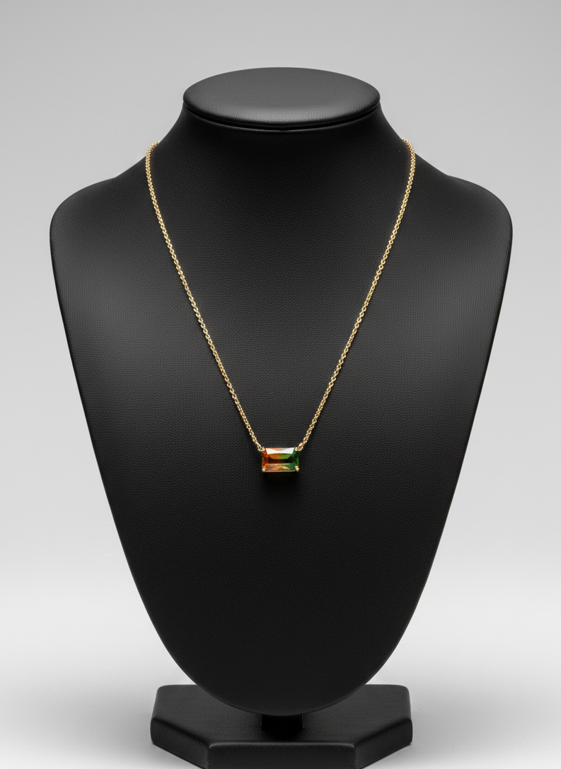Gold Rectangular Multicolor Zircon Pendant Necklace