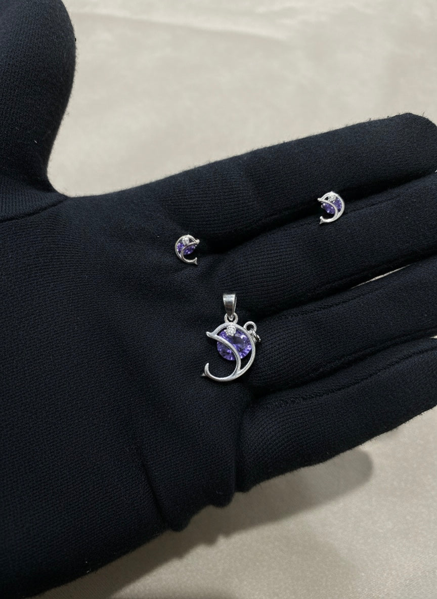Dolphin Design Purple Stone Pendant & Earrings Set – Silver Finish