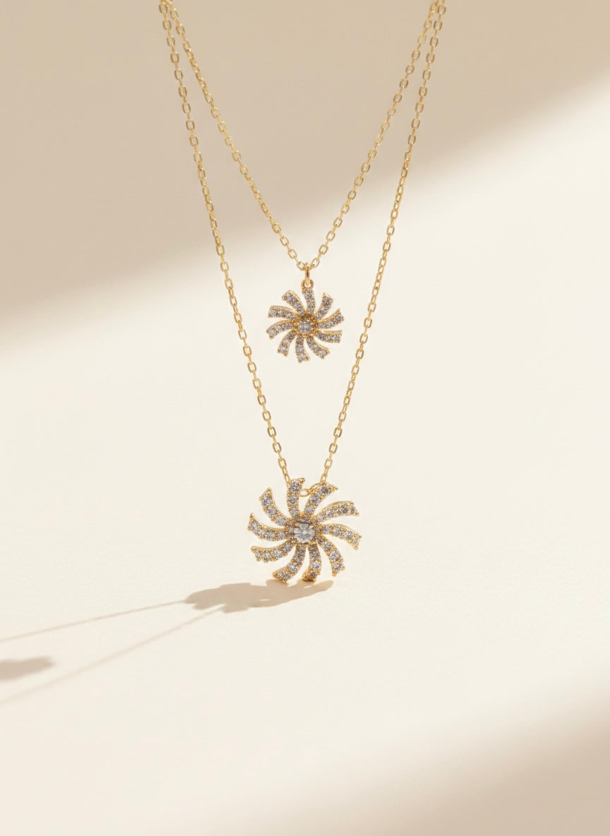 Luxury Double Layer Sunburst Crystal Necklace – Gold Finish