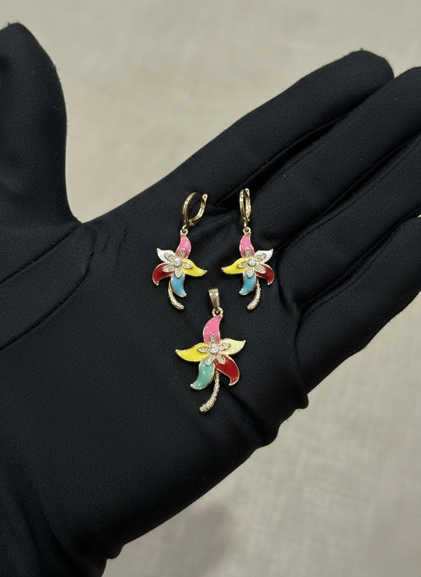 Colorful Floral Crystal Jewelry Set – Gold Tone Pendant & Earrings