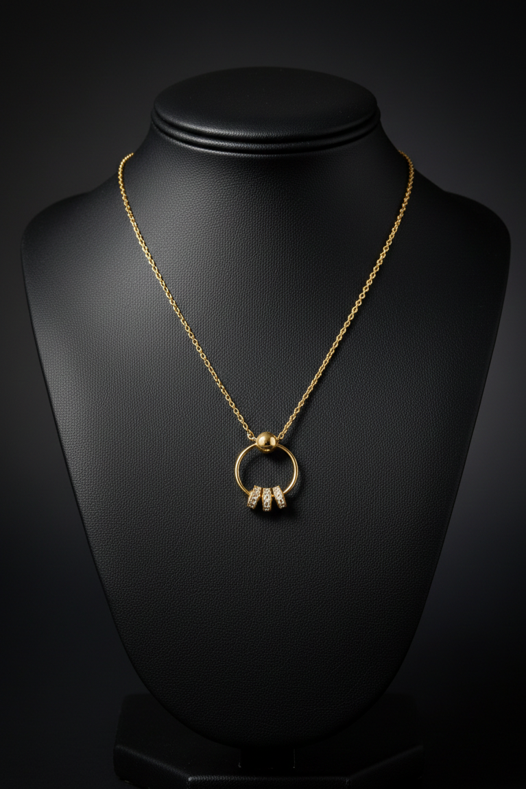 Gold Circle Drop Pendant Necklace – Zircon Stone Detail