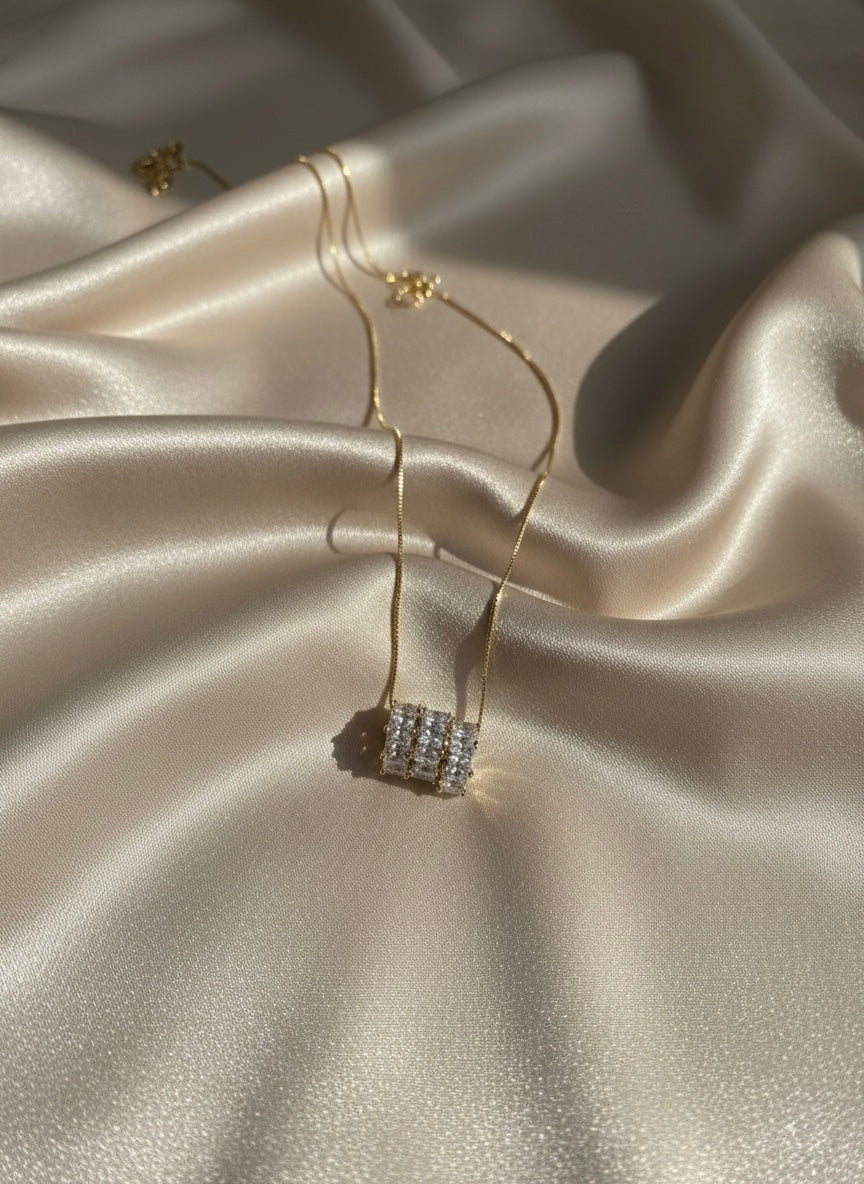 Luxury Baguette Crystal Barrel Pendant Necklace – Gold Finish