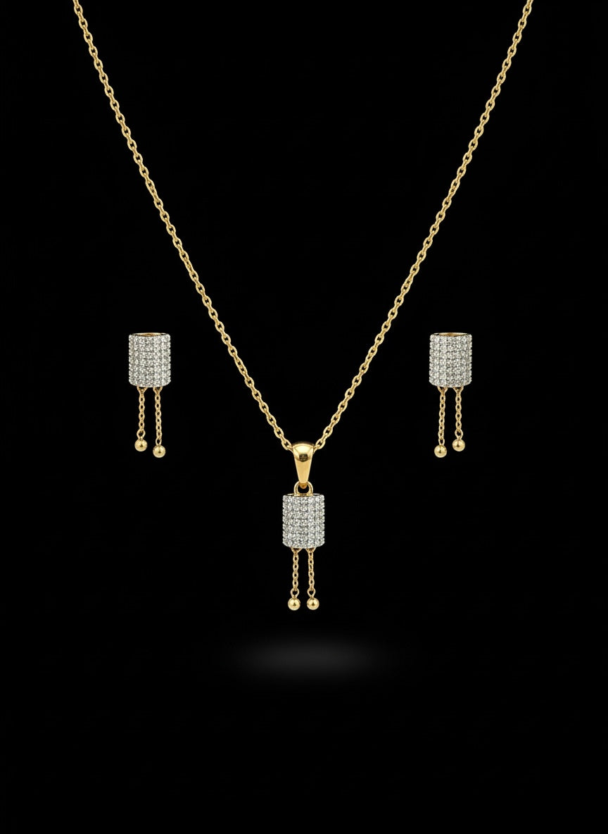Luxury Crystal Cylinder Jewelry Set – Gold Tone Pendant & Tassel Earrings