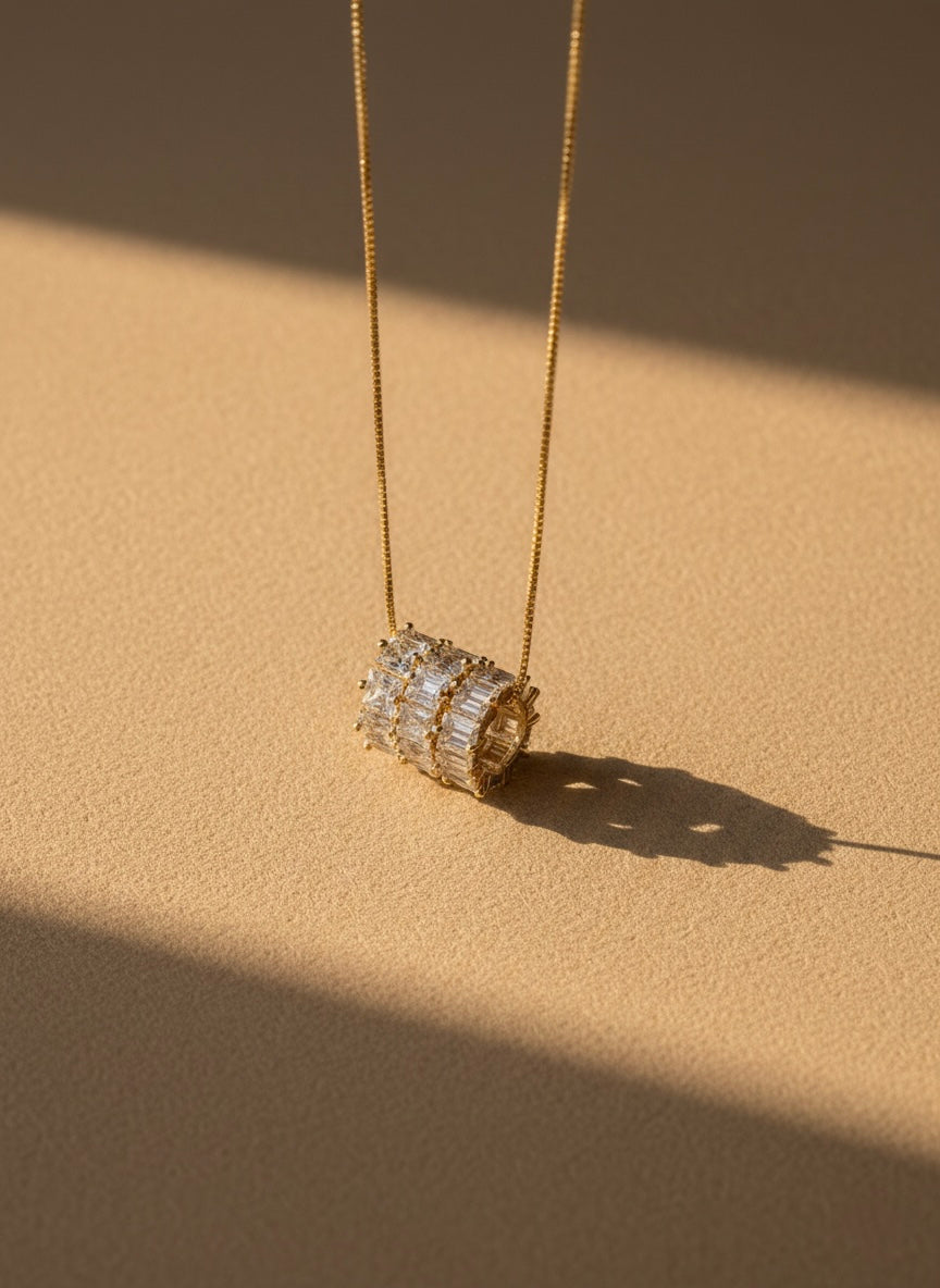 Luxury Baguette Crystal Barrel Pendant Necklace – Gold Finish
