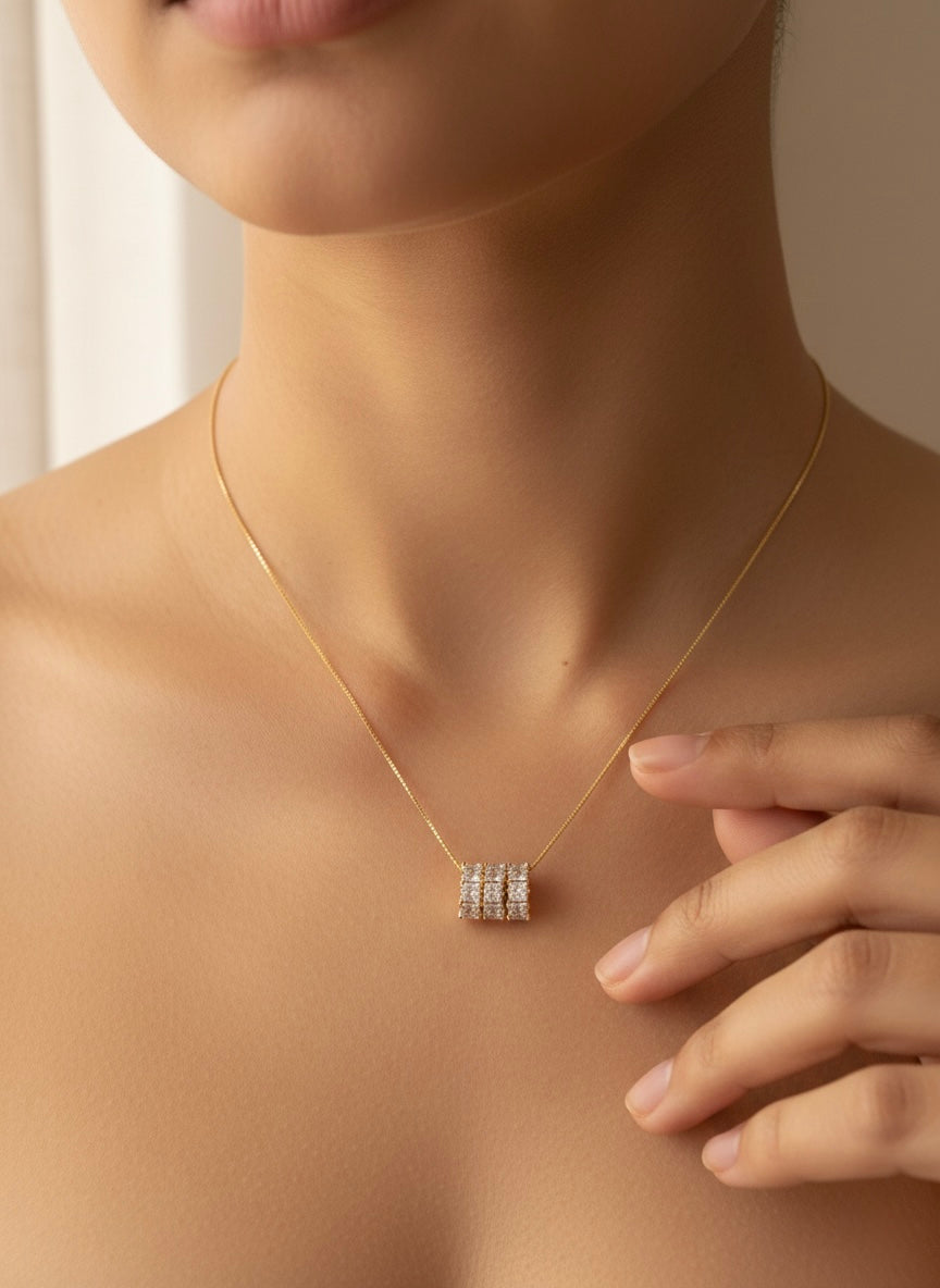 Luxury Baguette Crystal Barrel Pendant Necklace – Gold Finish
