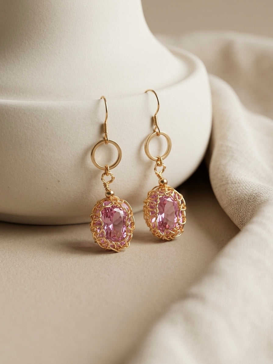 Luxury Gold Wire Wrapped Pink Zircon Drop Earrings for Women