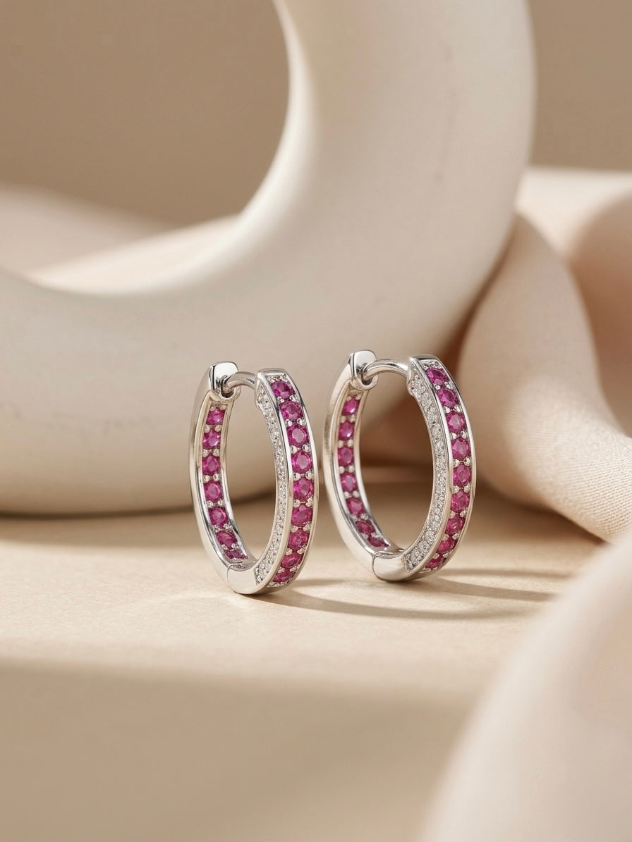 Elegant Pink Stone Silver Hoop Earrings for Women | Luxury Zircon Studded Hoops