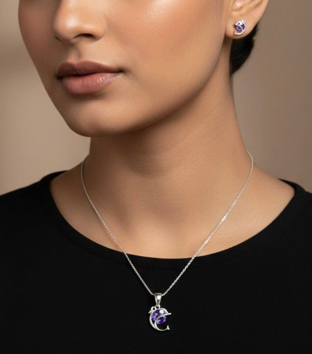 Dolphin Design Purple Stone Pendant & Earrings Set – Silver Finish