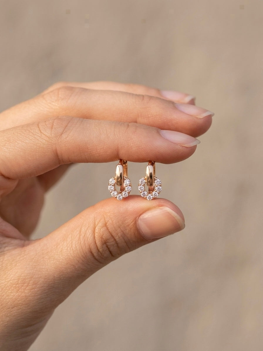 Rose Gold Heart Zircon Hoop Earrings for Women – Elegant Sparkle Design