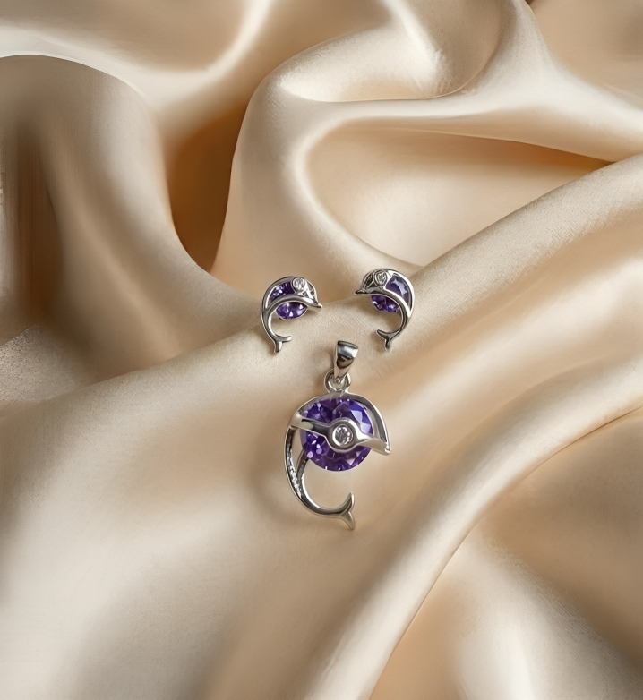 Dolphin Design Purple Stone Pendant & Earrings Set – Silver Finish