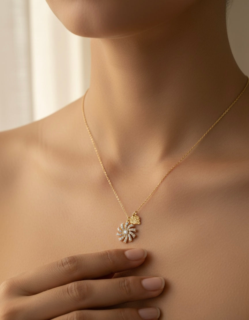 Luxury Gold Sunburst Crystal Pendant Necklace – Leaf Charm Design