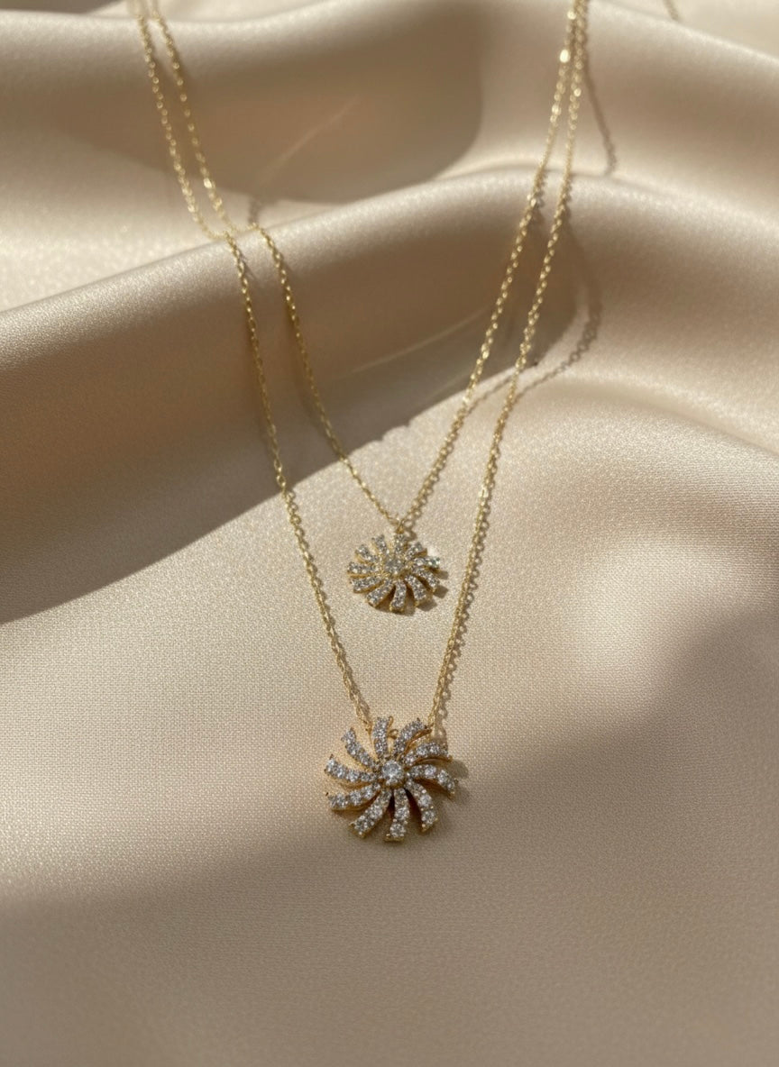 Luxury Double Layer Sunburst Crystal Necklace – Gold Finish