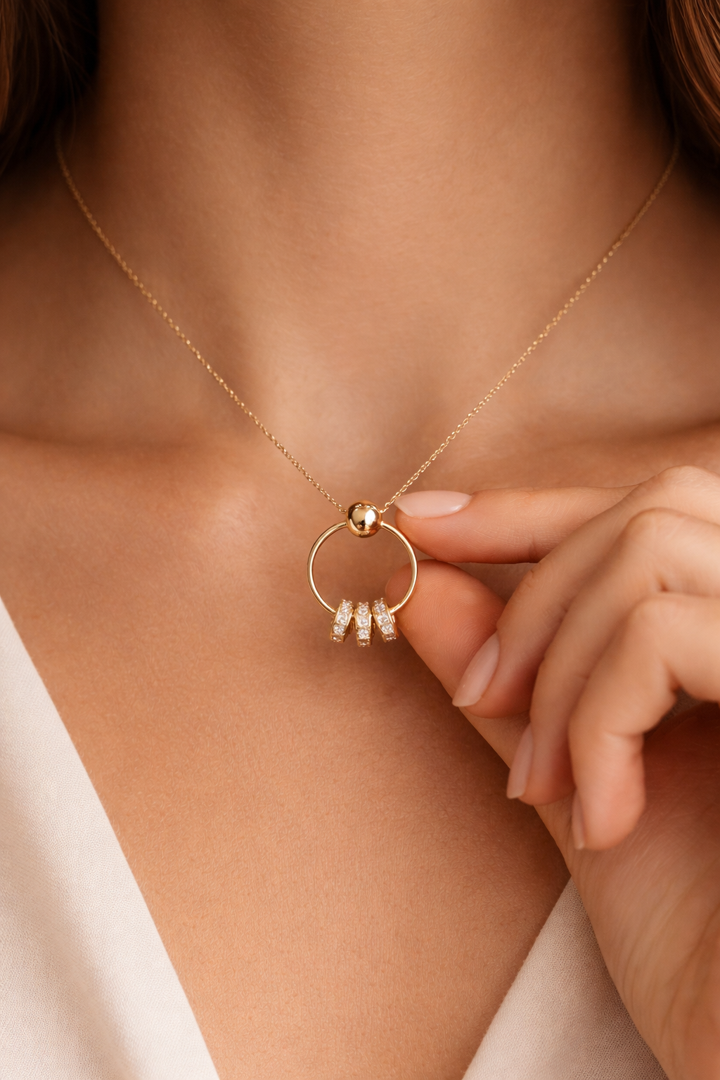 Gold Circle Drop Pendant Necklace – Zircon Stone Detail