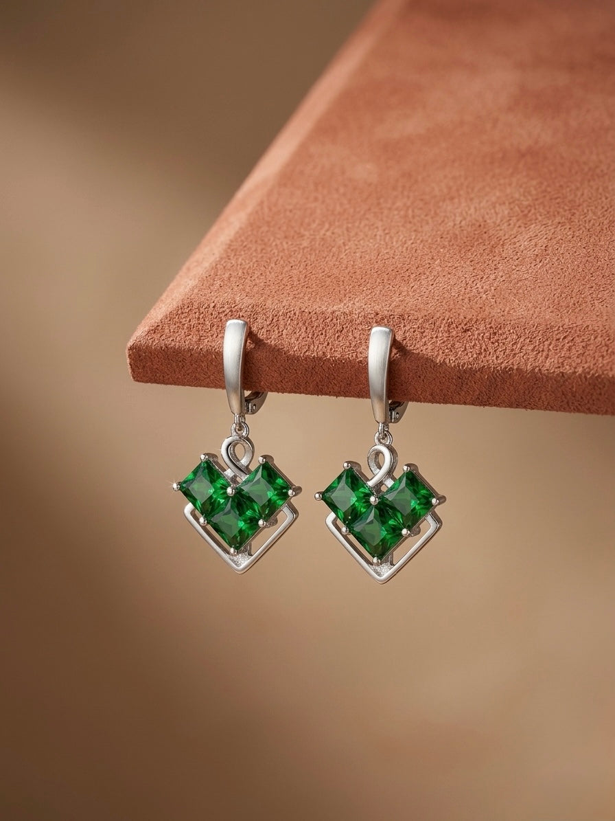 Elegant Silver Green Zircon Geometric Drop Earrings for Women