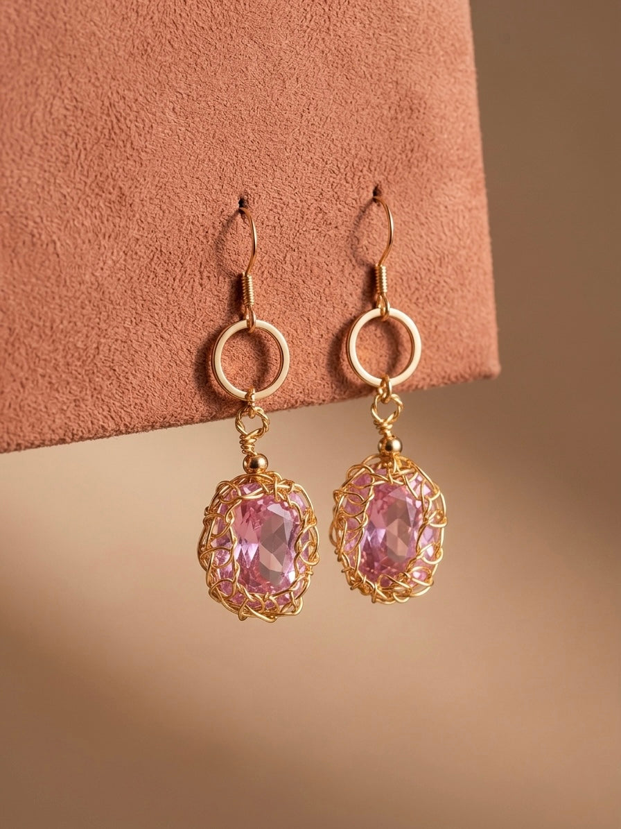 Luxury Gold Wire Wrapped Pink Zircon Drop Earrings for Women