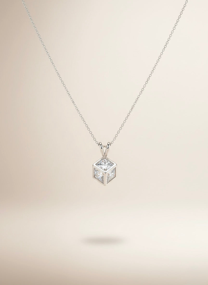 Minimal Square Crystal Pendant Necklace – Silver Finish