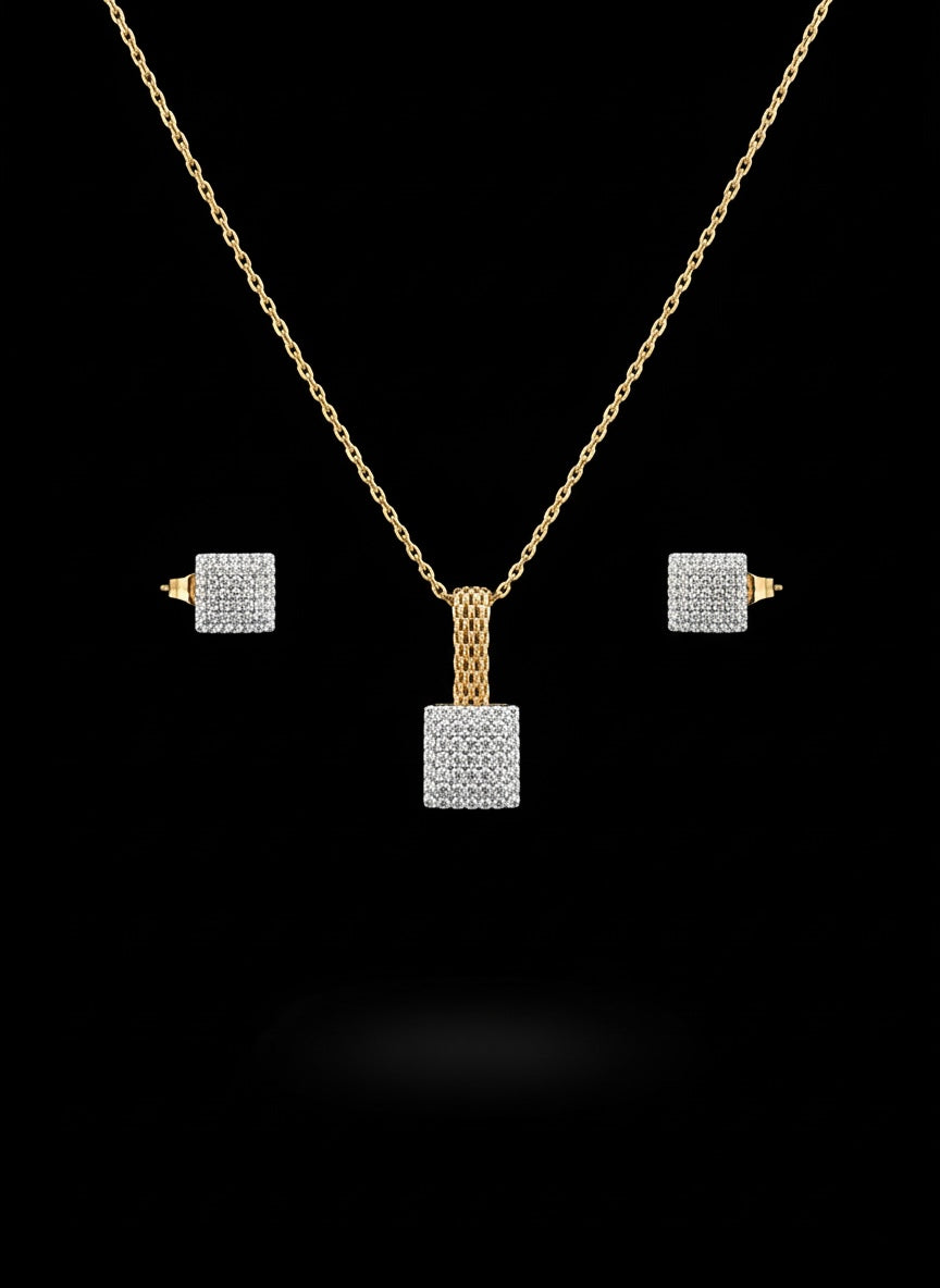 Luxury Square Crystal Jewelry Set – Gold Tone Pendant & Stud Earrings