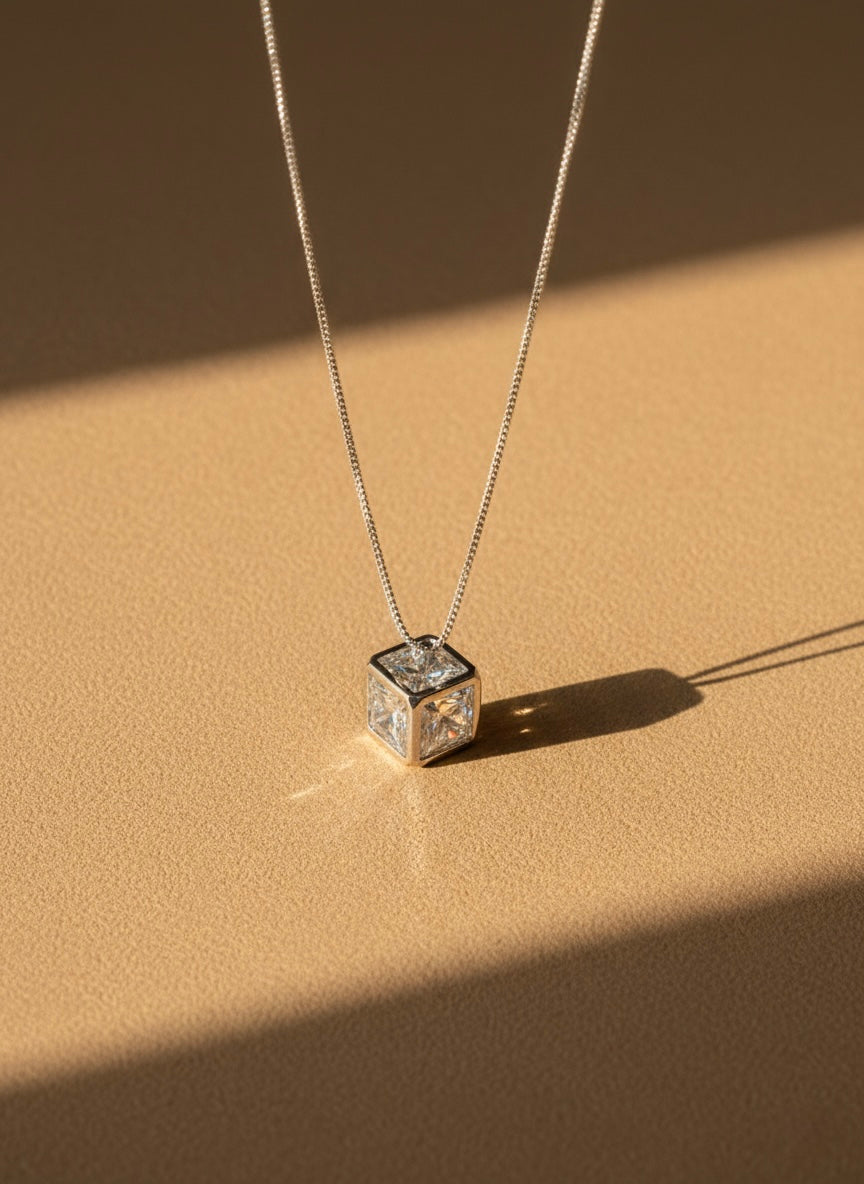 Minimal Square Crystal Pendant Necklace – Silver Finish