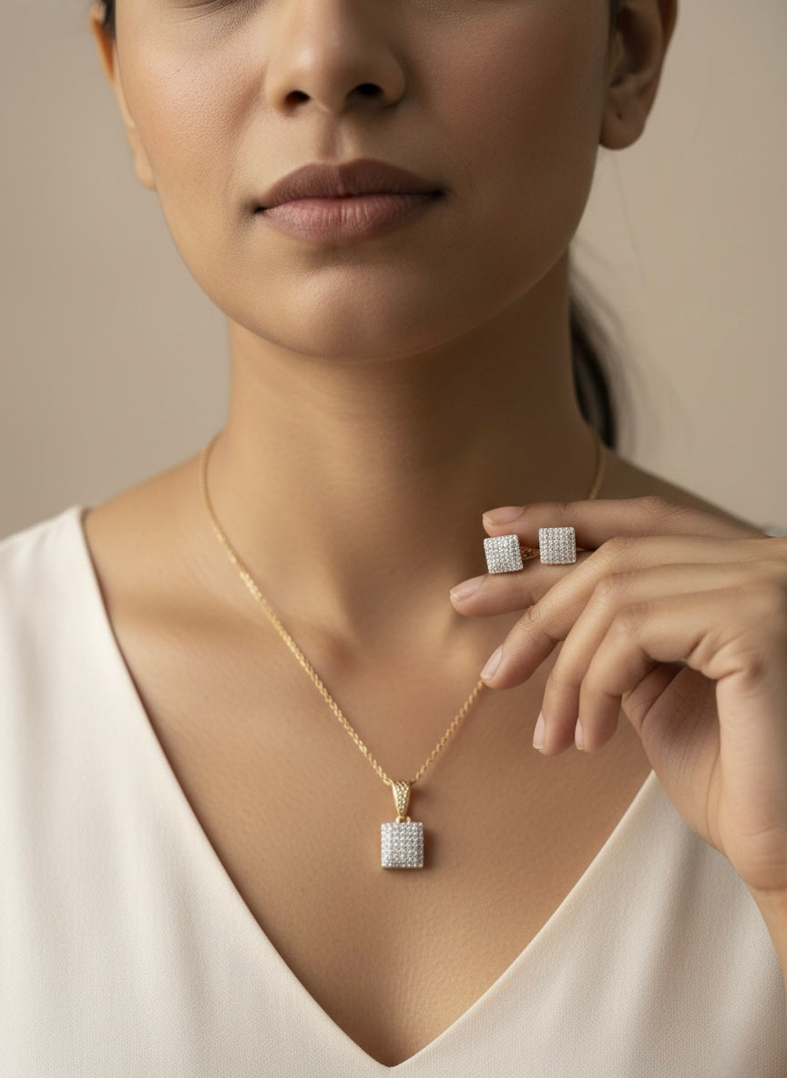 Luxury Square Crystal Jewelry Set – Gold Tone Pendant & Stud Earrings