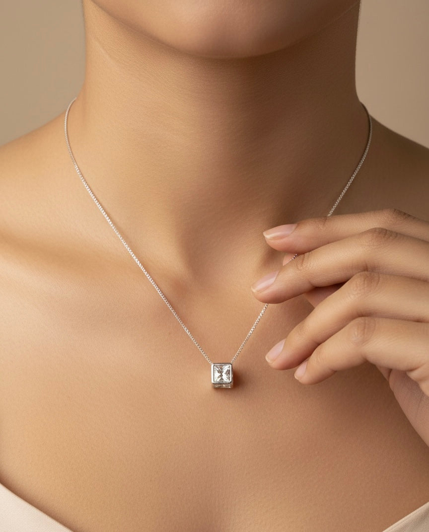 Minimal Square Crystal Pendant Necklace – Silver Finish