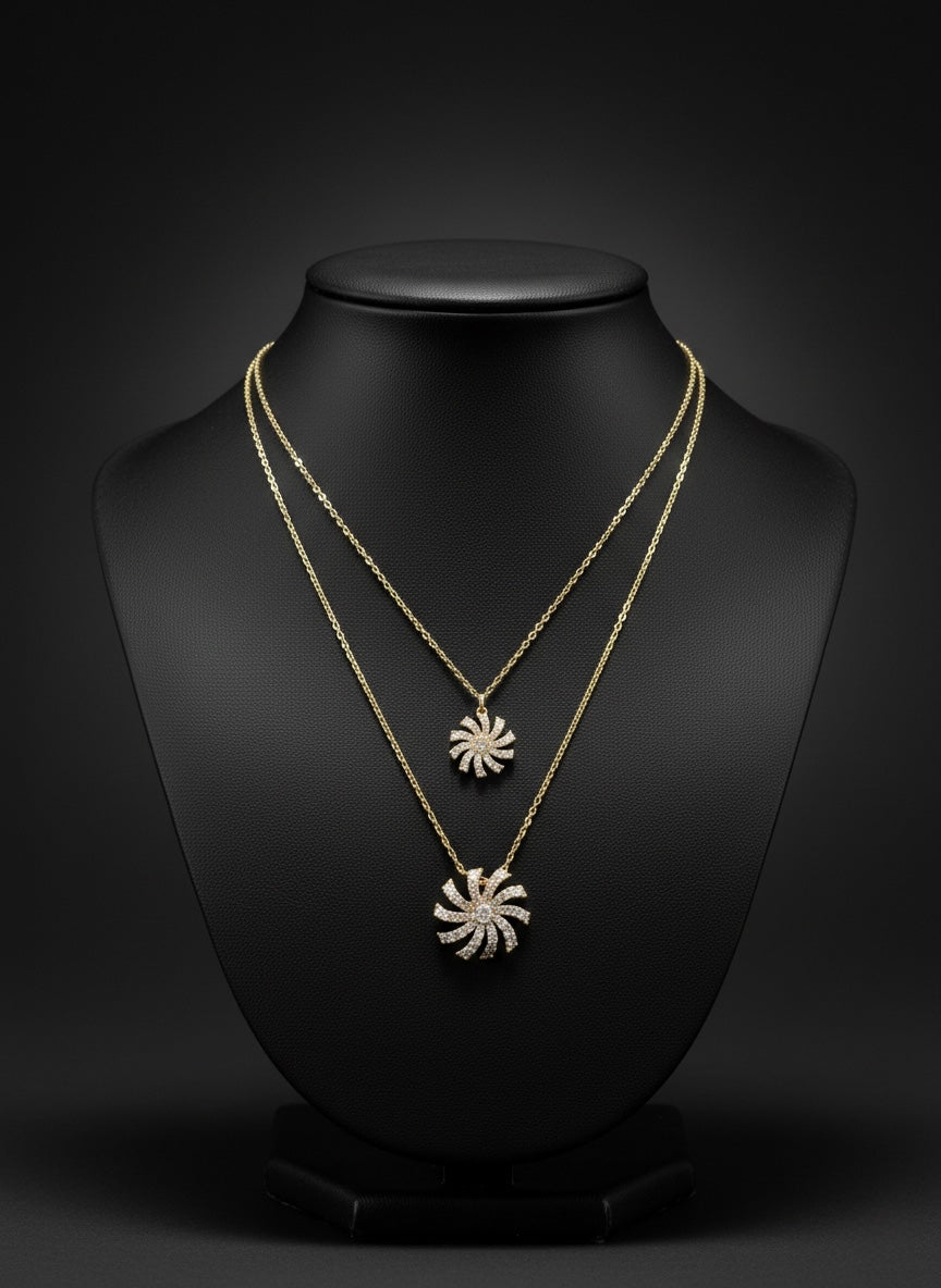Luxury Double Layer Sunburst Crystal Necklace – Gold Finish