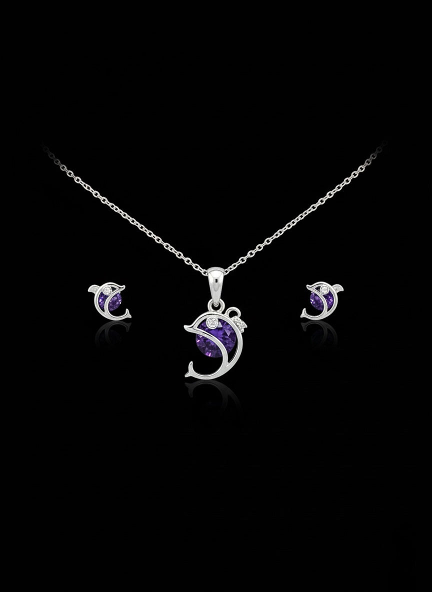 Dolphin Design Purple Stone Pendant & Earrings Set – Silver Finish