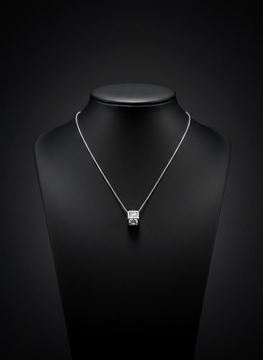 Minimal Square Crystal Pendant Necklace – Silver Finish