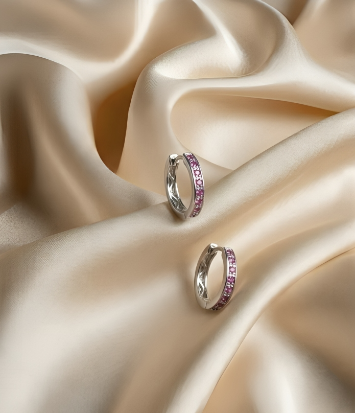 Elegant Pink Stone Silver Hoop Earrings for Women | Luxury Zircon Studded Hoops