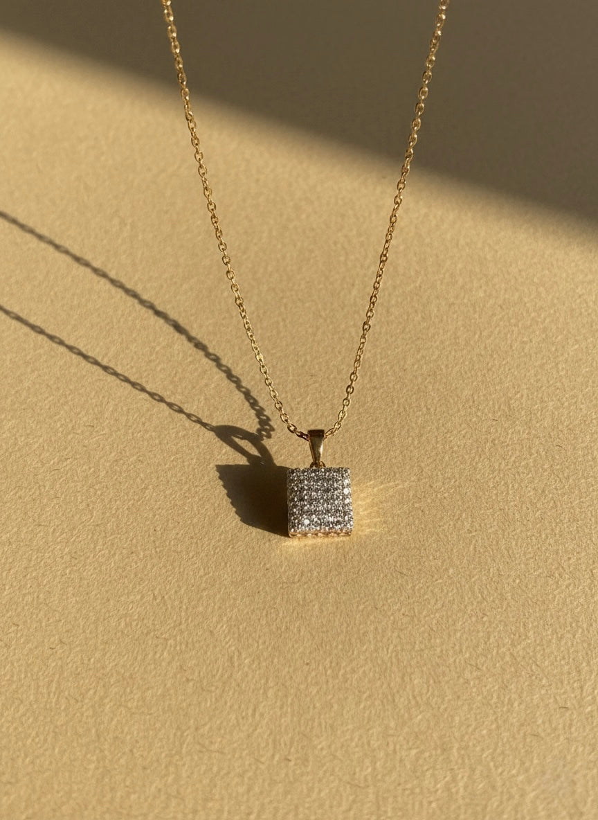 Luxury Square Crystal Gold Pendant Necklace – Minimal Sparkle Design