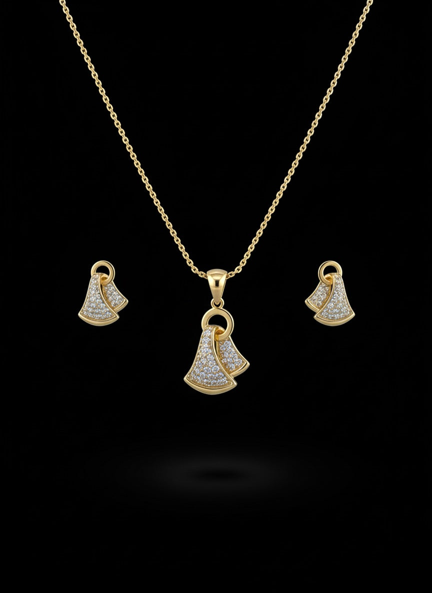 Luxury Gold Fan Design Pendant & Earrings Set – Crystal Pave