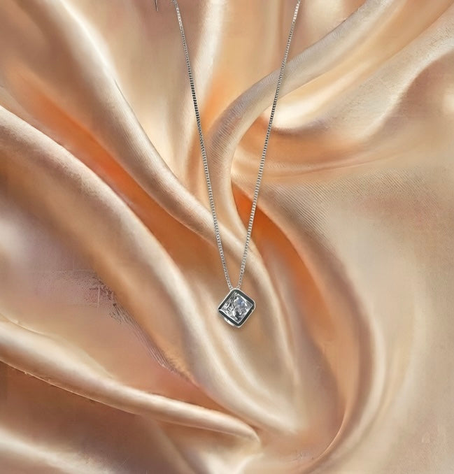 Minimal Square Crystal Pendant Necklace – Silver Finish