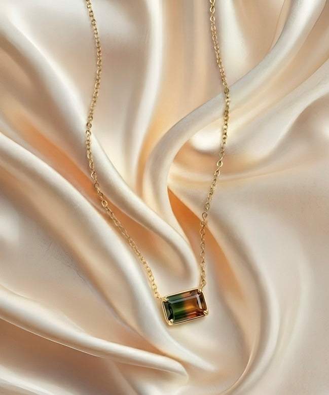 Gold Rectangular Multicolor Zircon Pendant Necklace