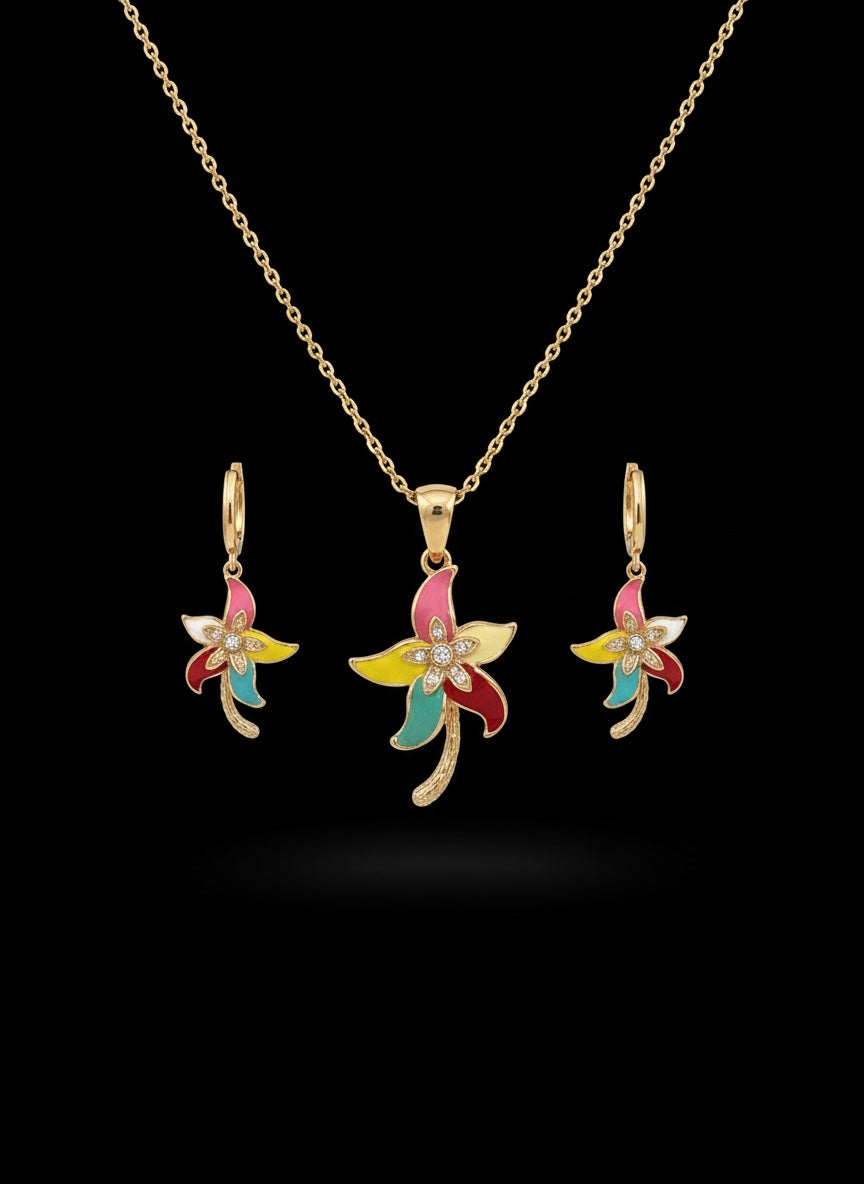 Colorful Floral Crystal Jewelry Set – Gold Tone Pendant & Earrings