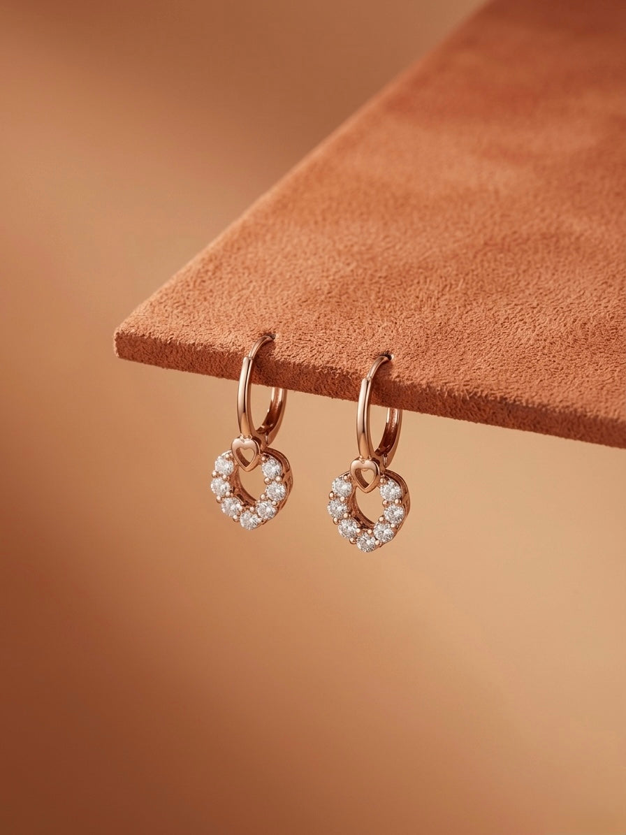 Rose Gold Heart Zircon Hoop Earrings for Women – Elegant Sparkle Design