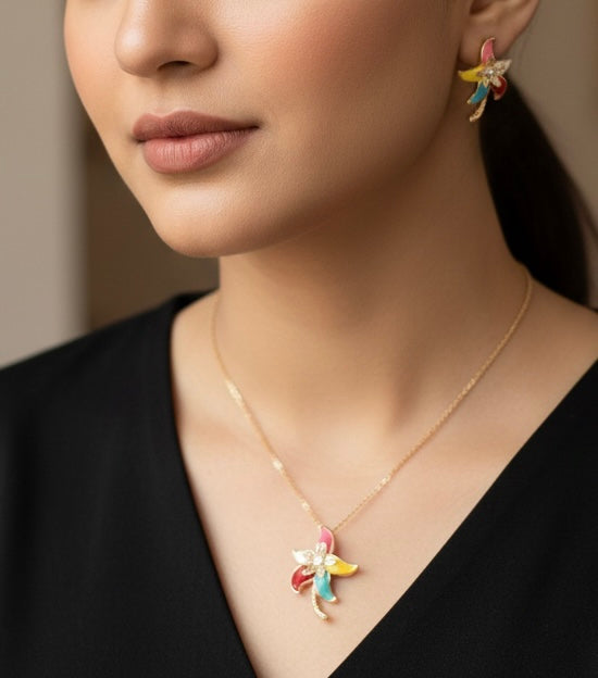 Colorful Floral Crystal Jewelry Set – Gold Tone Pendant & Earrings