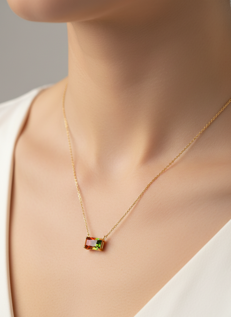 Gold Rectangular Multicolor Zircon Pendant Necklace