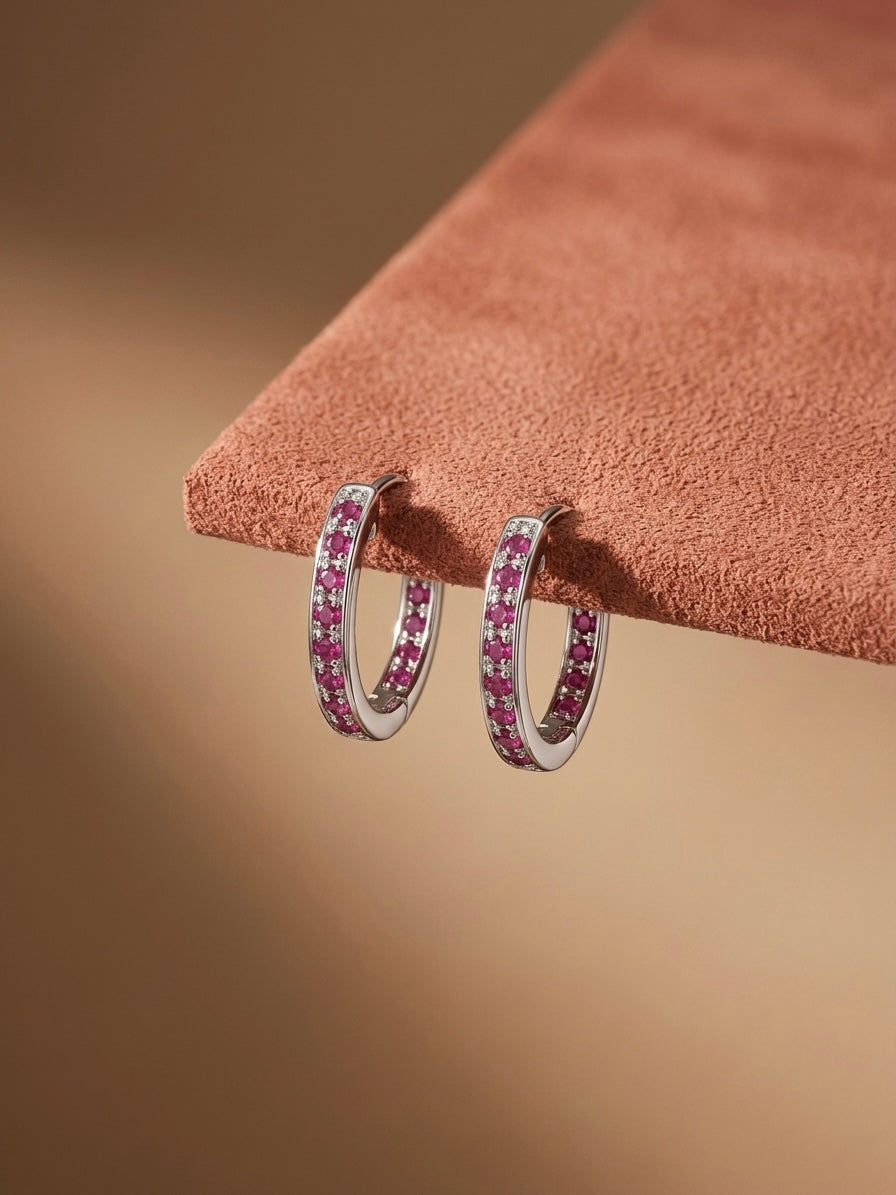 Elegant Pink Stone Silver Hoop Earrings for Women | Luxury Zircon Studded Hoops