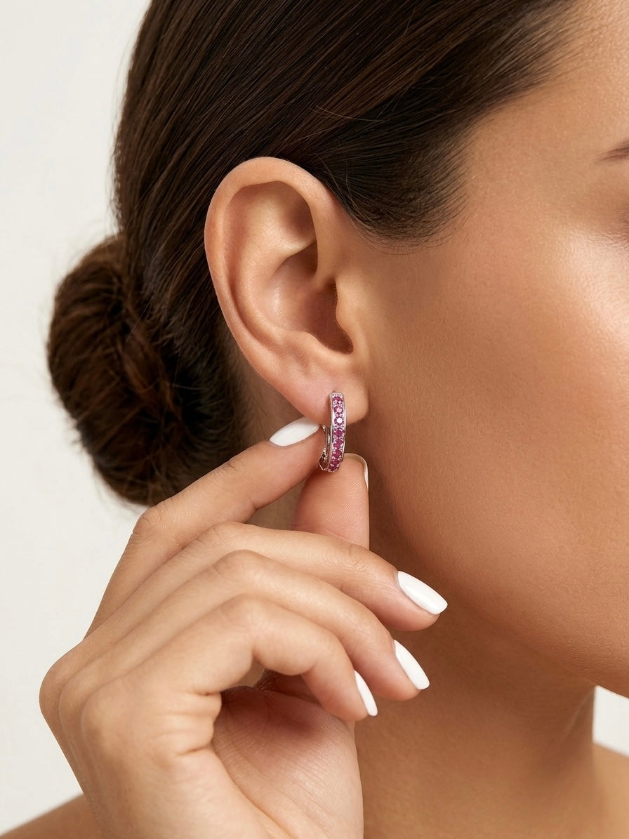 Elegant Pink Stone Silver Hoop Earrings for Women | Luxury Zircon Studded Hoops
