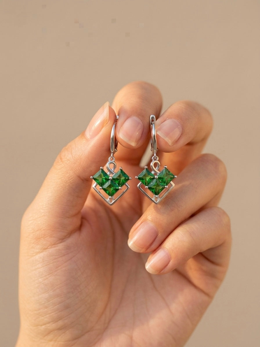 Elegant Silver Green Zircon Geometric Drop Earrings for Women