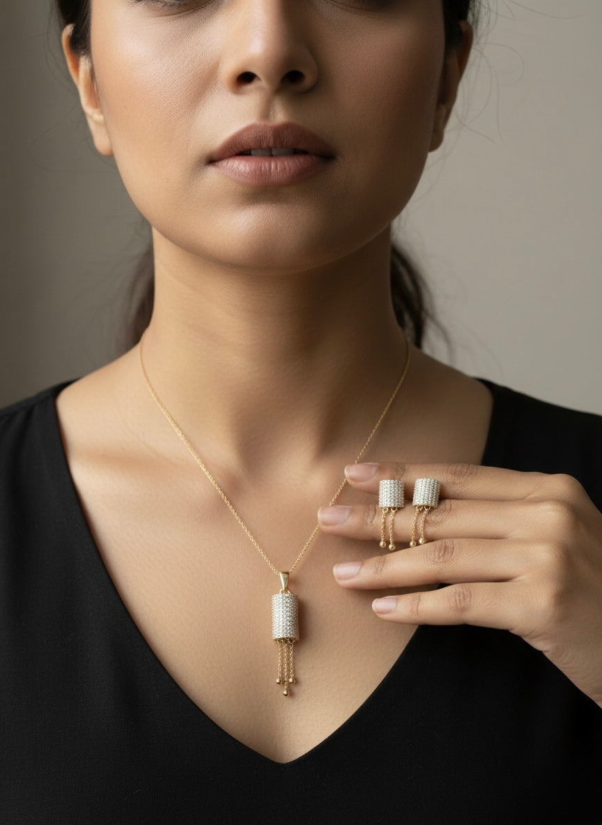 Luxury Crystal Cylinder Jewelry Set – Gold Tone Pendant & Tassel Earrings
