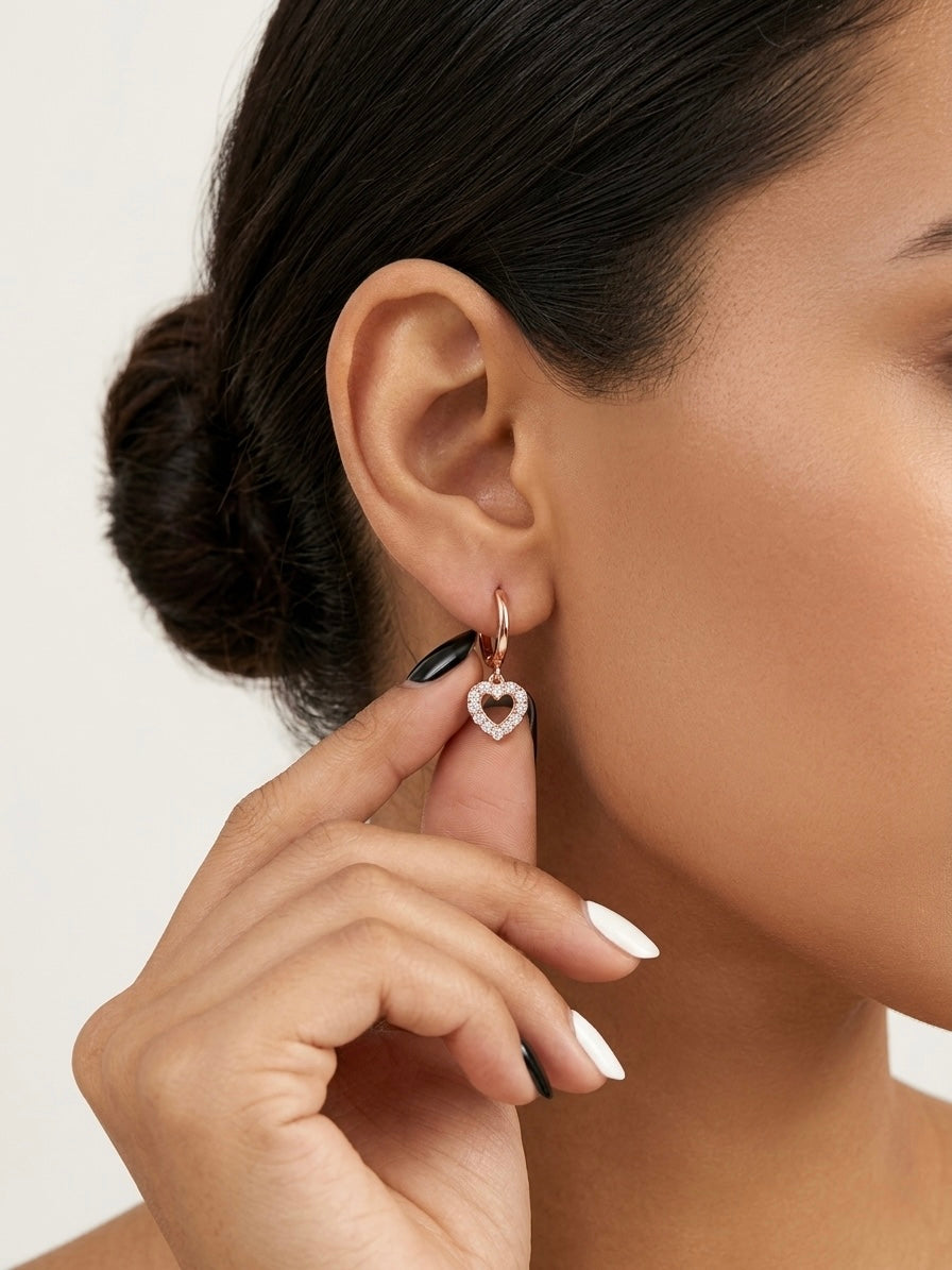 Rose Gold Heart Zircon Hoop Earrings for Women – Elegant Sparkle Design