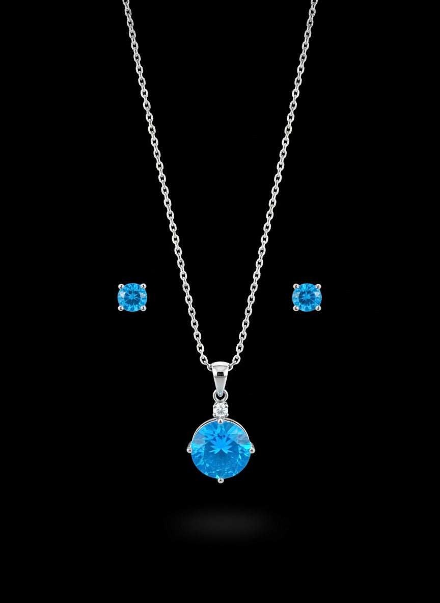 Elegant Blue Stone Pendant & Earrings Set – Silver Finish